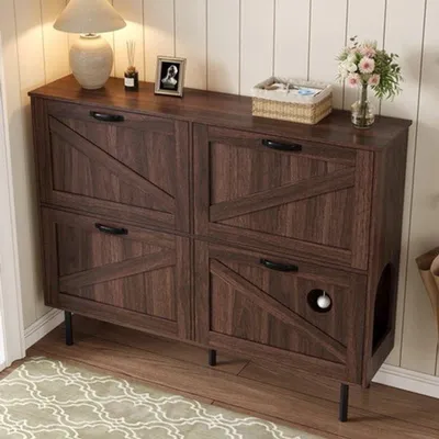 Image de Armoire à chaussures - Petit meuble d'entrée avec 3 portes - Bois de noyer - Meuble gain de place
