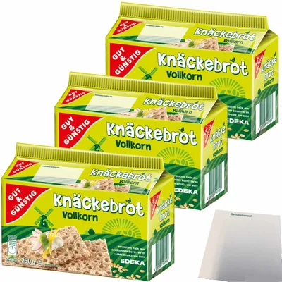 Produktbild von Gut & Günstig Vollkorn-Knäckebrot reich an Ballaststoffen 3er Pack (3x250g Packung) + usy Block