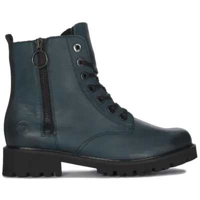 A single teal leather boot with black laces and a black sole is shown against a white background.
