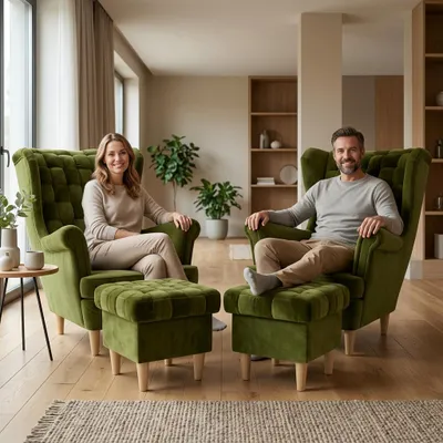 Produktbild von 2er-Set Ohrensessel CAROL Trinity – Geflochtene Rückenlehne, Velours in Grün 313, Family Meble, KI-generiertes Bild