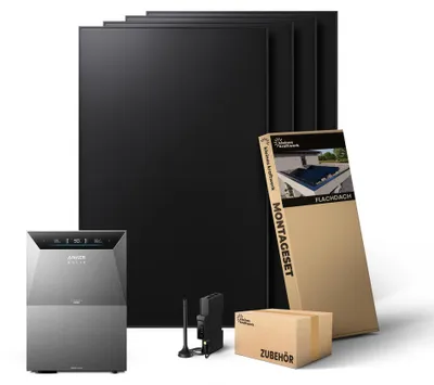Produktbild von Kleines Kraftwerk 1920W Balkonkraftwerk Flachdach Halterung (bifazial) inkl. Anker Solarbank 4 + Zusatzbatterie – 0% MwSt – Solaranlage mit Speicher