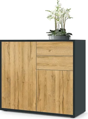 Produktbild von Vladon Sideboard Ben,  Germany, Kommode mit 2 Türen und 2 Schubladen, Schwarz matt/Eiche Natur (79 x 74 x 36 cm)