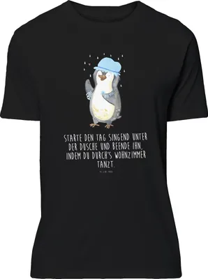 Produktbild von Mr. & Mrs. Panda Tshirt Pinguin Duschen - Schwarz - Geschenk, S T-Shirt, Baden, Neustart, Singen, Duschkonzert, Motivation, glücklich sein, Tanzen, Shirt, oberteil