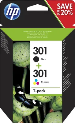 Immagine prodotto di HP 301 2-Pack Black and Tri-Color Original Ink Cartridges (N9J72AE) for HP Envy 4505. DeskJet 1050/1512/2548/3057A