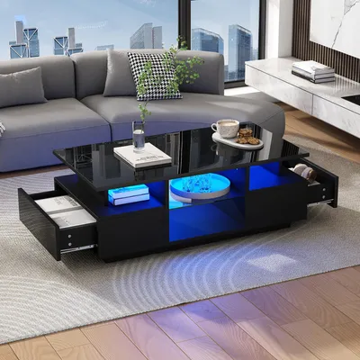 Produktbild von okwish Couchtisch Hochglanz – Wohnzimmertisch Beistelltisch mit Zwei Schubladen – Glasablagen mit LED Beleuchtung Wohnzimmer – Schwarz
