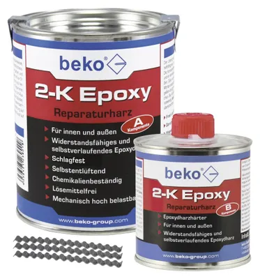 Produktbild von beko 2-Komponenten Epoxy Reparaturharz, 1 kg, betongrau, inkl. 10 Estrichklammern 6 x 70 mm im Beutel