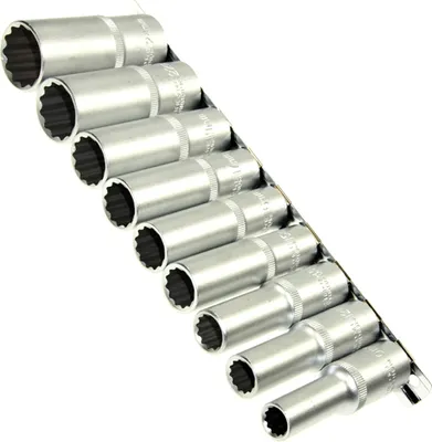 Produktbild von 10 lange Steckschlüsseleinsätze VIELZAHN 12-kant 1/2" 10-24 mm auf Steckleiste