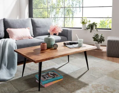 Produktbild von FineBuy Couchtisch Sheesham Massivholz 110 cm rechtckig · Wohnzimmertisch mit natürlicher Baumkante & Metallbeinen · Handgefertigt im Retro Design