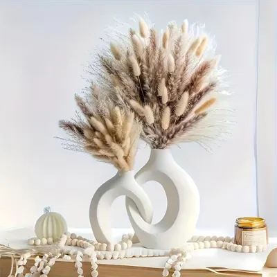 Produktbild von Vasen-Set Weiß mit Trockenblumen Deko Wohnzimmer 2-teilig