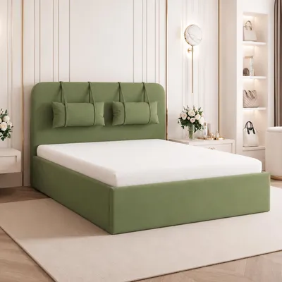 Produktbild von GOLDSTOFF CAPRI Polsterbett 200×200 cm | Modern & Elegant | Luxus-Doppelbett mit Stauraum, gepolstertem Kopfteil & Holzrahmen (Olivgrün)