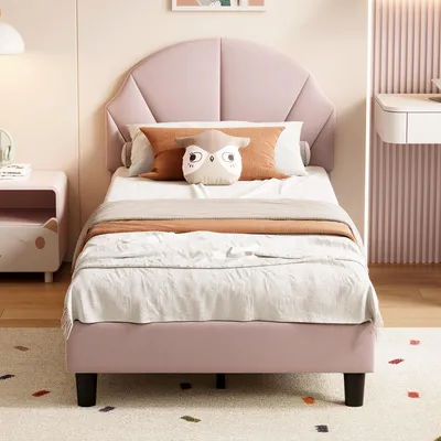 Produktbild von UnboxG Kinderbett Polsterbett 90x200cm, Einzelbett Bettgestell mit Lattenrost & Rückenlehne, süßes halbrundes Kopfteil, Gepolstertes Bett, Samt, Jugendbett für Mädchen, Rosa