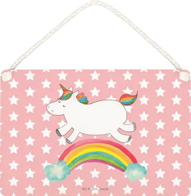 Produktbild von Mr. & Mrs. Panda Wandbild Holz Einhorn Regenbogen DIN A5 - Rot Pastell - Geschenk, Schild, kleine aufmerksamkeit, holzbild, Holzschild, Unicorn, Erwachsenwerden, Glitzer