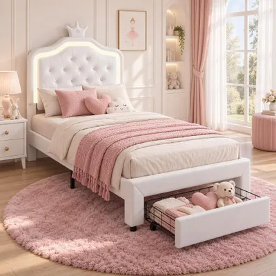 Zdjęcie produktu dla Łóżko dziecięce INONEFT, łóżko tapicerowane, 90x200 cm, z podświetleniem LED, dla dziewczynek, łóżko jednoosobowe z regulowanym zagłówkiem w kształcie korony i stelażem, łóżko w stylu księżniczki, białe