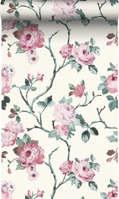 Zdjęcie produktu dla Origin Wallcoverings Tapeta kwiaty złamanej bieliIjasnego różuIzielonym 53 cm x 10.05 m