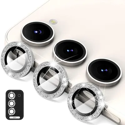 Produktbild von Für Samsung Galaxy S24 Plus Aluminium Glitzer Ring Kamera + H9 Tempered Hart Glas Silber