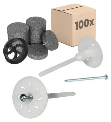 Produktbild von PROTEKTOR 100x Dämmstoff-Schraubdübel Set Ø8x140mm + Rondelle, Fräser & Stahlschraube, WDVS Dübel, Dämmstoffdübel zur Fassaden Dämmung, Langschaftdübel bei Wärmedämmung