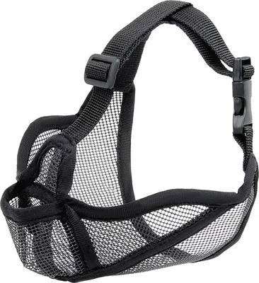 A black mesh dog muzzle is shown against a white background.