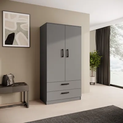 Obrázek produktu pro BEAUTYSOFA | Skříň s otočnými dveřmi TREND 90 cm Graphite, moderní skříň se zásuvkami, tyčí na ramínka a policemi – systém Soft-Close
