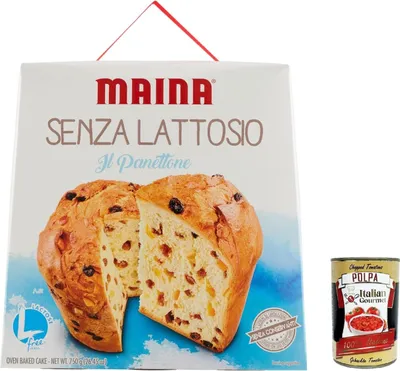 Produktbild von Maina Panettone Senza Lattosio Panettone laktosefrei Weihnachtskuchen mit orange kandierten Früchten 750gr + Italian Gourmet polpa 400g