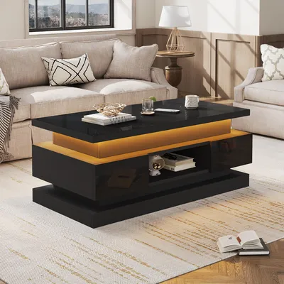 Image de OKWISH Table Basse Relevable avec LED et 2 Tiroirs, Rangement Caché en Panneau de Particules Haute Brillance - 100x50x40 cm - Noir