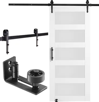A white wooden and glass sliding barn door with black hardware, including a track, rollers, a floor guide, and a handle, is displayed against a white background. Several components of the barn door hardware set are also shown separately.