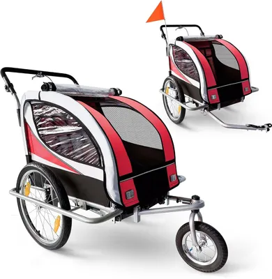 Produktbild von Kinderfahrradanhänger - Buggy-Anhänger - Sichere Fortbewegung - 360° Schwenkrad - 133 x 88 x 108 cm - Rot Schwarz