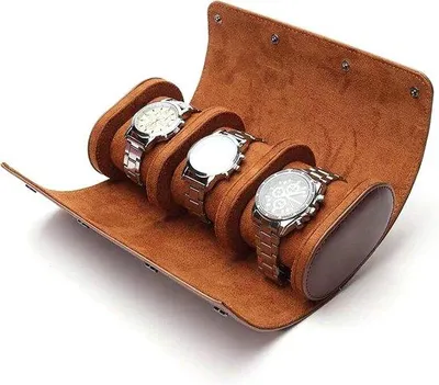 Image de Présentoir à montres rétro en cuir PU, vitrine vintage pour montres pour hommes avec 3 compartiments