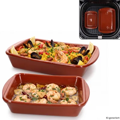 Produktbild von 2er Set ECKI M & L Airfryer Tonschalen 350ml & 1L rechteckig Auflaufform Ofen