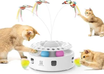 Produktbild von 3-in-1 Interaktives Elektrisches Katzenspielzeug - Automatisches Federspiel, Flatternder Schmetterling & Katzenballbahn - USB-betrieben