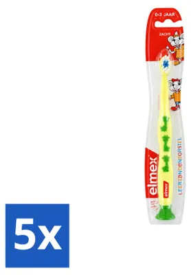 Imagen del producto de 5 cepillos de dientes para niños Elmex, diseñados para el aprendizaje y suaves para niños de 0 a 3 años. Paquete económico de 5 unidades