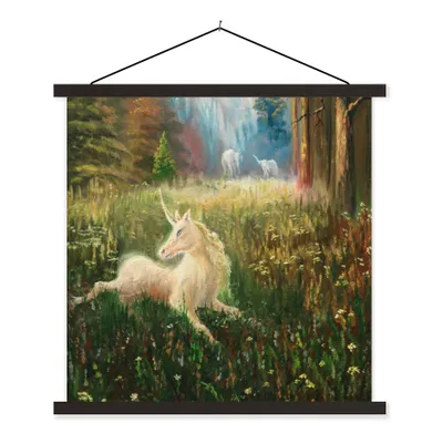 Produktbild von MuchoWow® Textilposter Eine Illustration eines Einhorns in einem Wald - Mädchen - Kinder - Kinder 120x120 cm mit schwarzem Rahmen - Aufhängungsset