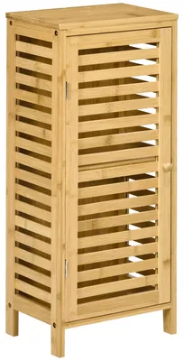 Image de Armoire de salle de bain - Armoire avec porte à lamelles - Étagère coulissante - Bambou - 30 x 19,9 x 70 cm - Bois naturel