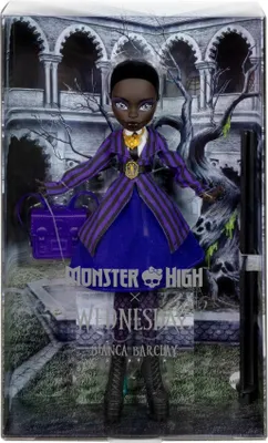 A Monster High doll in its packaging, featuring a gothic-themed background.