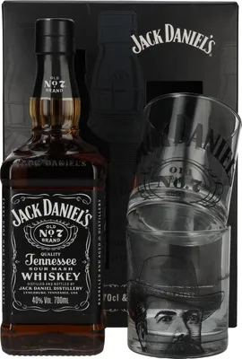 A gift set of Jack Daniel's Tennessee Whiskey with two rocks glasses, presented in a black gift box.
