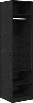 A black wooden wardrobe with shelves and a hanging rod.
