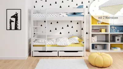 Produktbild von Etagenbett Diego 180x80 Kinderbett mit Rausfallschutz & Lattenrost weiß 80 x 180 für Mädchen und Jungen Massivholz Kiefer, mit Matratzen und Schubladen