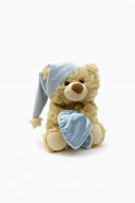 Produktbild von Plüschtier Teddybär 20 cm Hellbraun mit blauer Schlafmütze – Weiches Kuscheltier aus Plüsch