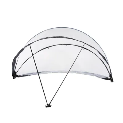 A transparent pool cover with black trim and supports, shown against a white background.