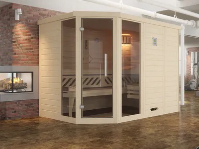Produktbild von weka Premium Massivholz-Elementsauna KEMI Eck Gr. 3 Sparset  7,5 kW BioS inkl. digitaler Steuerung x B x T x H  x 245 x 195 x 200