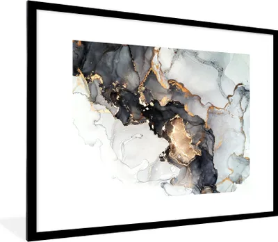 Produktbild von MuchoWow® Gerahmtes Poster Marmor - Schwarz - Weiß - Gold - Luxus - Abstrakt 80x60 cm - Poster mit Schwarzem Bilderrahmen Wandposter Rahmen Foto Bilder - Schlafzimmer-Dekorationen - Fotoposter