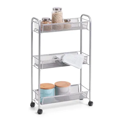 A three-tiered metal storage cart with wheels, filled with various items.