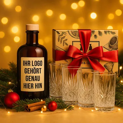 Produktbild von Individuelles Firmen-Geschenkset – Personalisierter Gin 0,5 L (41% Vol.) & 4 Kristall Longdrinkgläser in Premium Mixcompany Geschenkbox - [Enthält Sulfite]