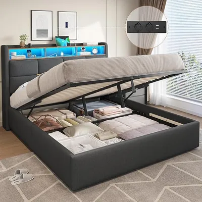 Image de Lit avec coffre de rangement 160x200, éclairage LED et prises électriques.
Lit double 160x200 cm avec espace de rangement hydraulique, tête de lit et ports USB.
Structure de lit en lin 160x200 avec sommier à lattes, couleur gris foncé