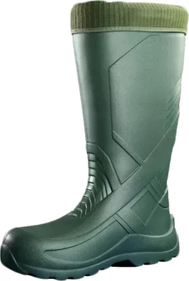 A single green winter boot is shown against a white background.