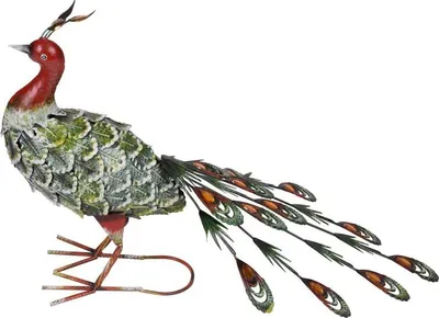 A decorative metal peacock figurine.