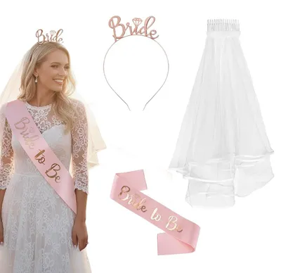 Produktbild von Braut Schärpe und Schleier Set - Mit Stirnband Tiara - Für Junggesellinnenabschied und Hochzeit - Weiß und Rosegold