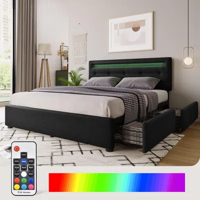 Immagine prodotto di Letto imbottito 140x200, con illuminazione LED, 4 cassetti, testiera regolabile in altezza, rete a molle, senza materasso.