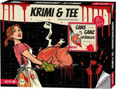 An advent calendar with a crime and tea theme, featuring a woman carving a turkey and a book cover.