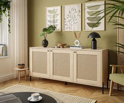 Produktbild von Dreitürige Kommode VIENNA 3D mit Wiener Geflecht, Puccini Eiche + Wiener Geflechtdruck, gerade Metallbeine