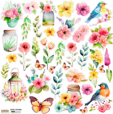 Image de AUTOCOLLANTS - ScrapLove - Adorables fleurs printanières, oiseaux et papillons